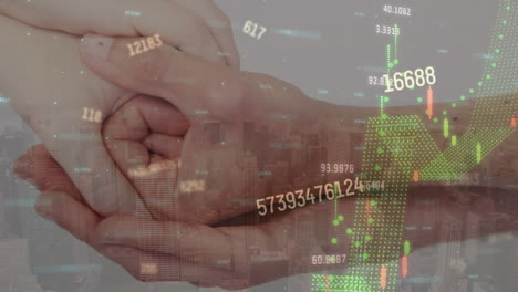 animation of changing numbers, graphs, circles over diverse couple holding hands in background