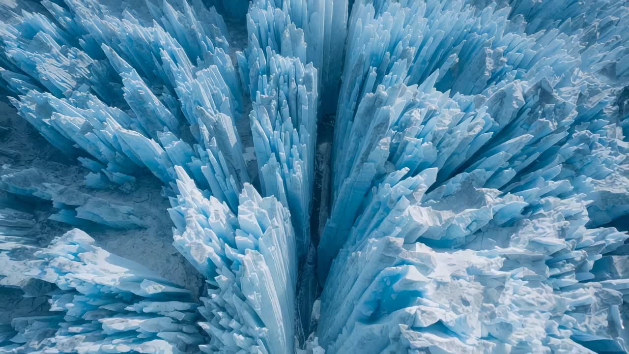 Gliding forward and zooming in, camera revealing blue ice spires in narrow glacial fissure