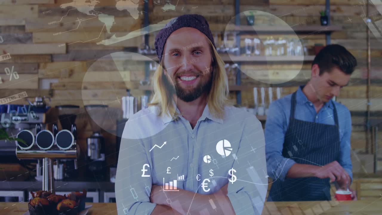 animación del procesamiento de datos financieros sobre un hombre caucásico en una cafetería
