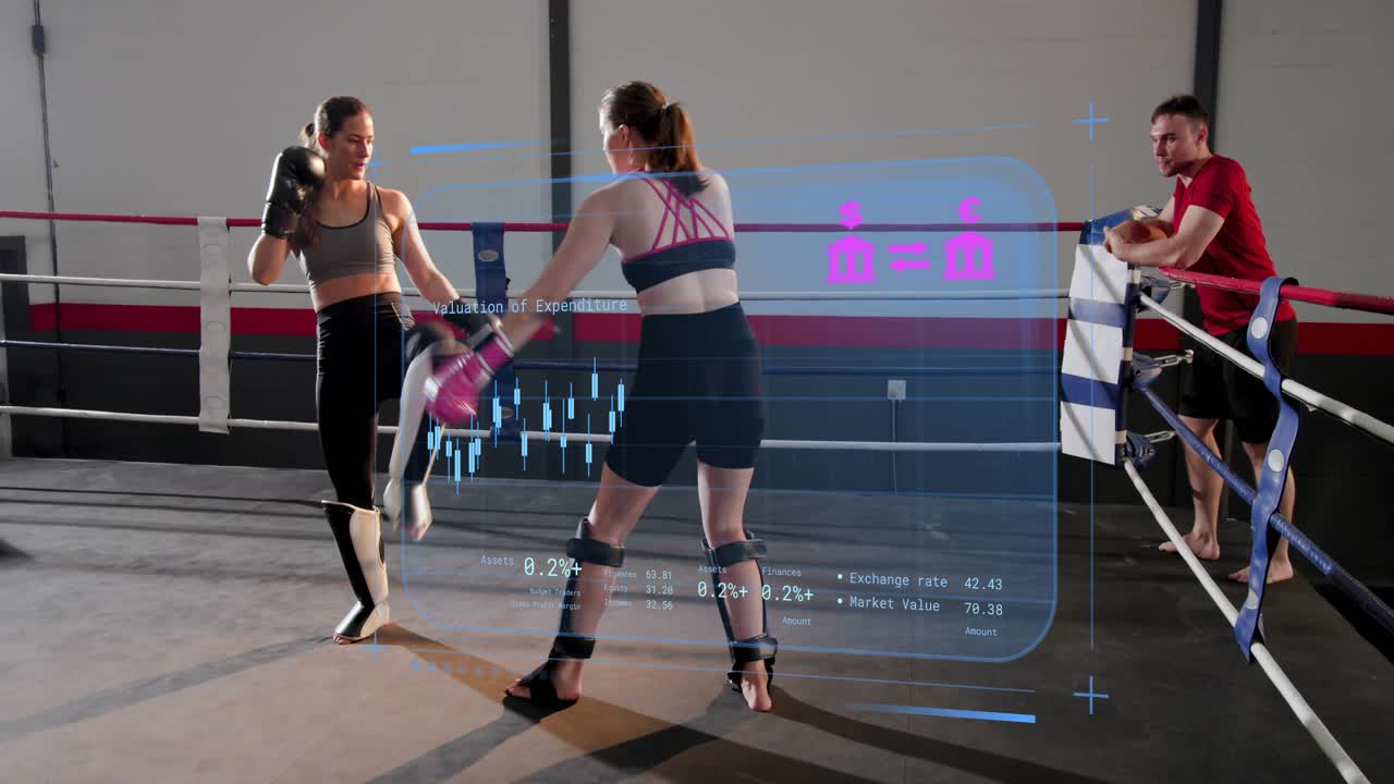 Right fighter initiating front kick in ring, left fighter checking, HUD monitoring training metrics