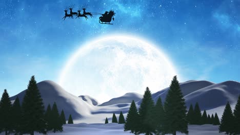 Animación-De-Papá-Noel-En-Trineo-Con-Renos-Sobre-La-Luna-Y-El-Cielo.