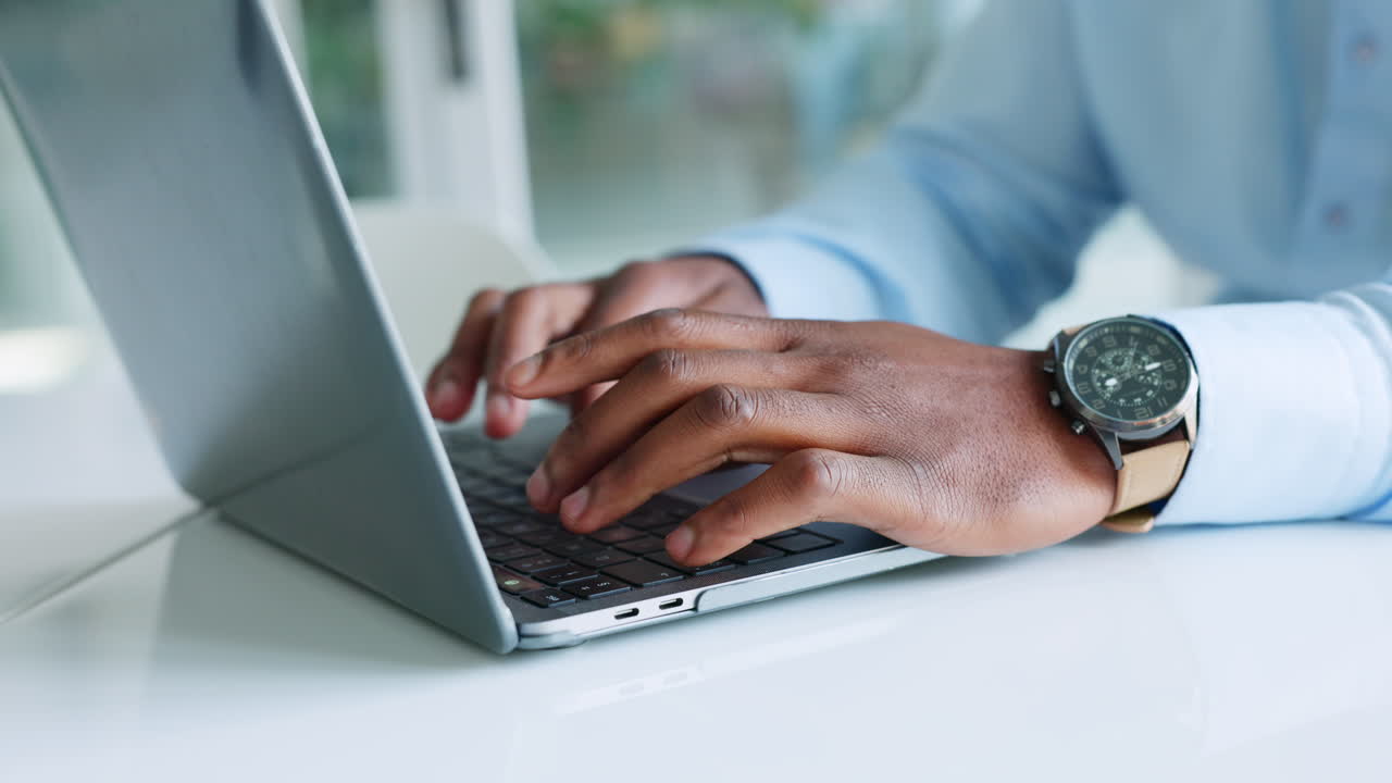 Hands typing, web search and working business man