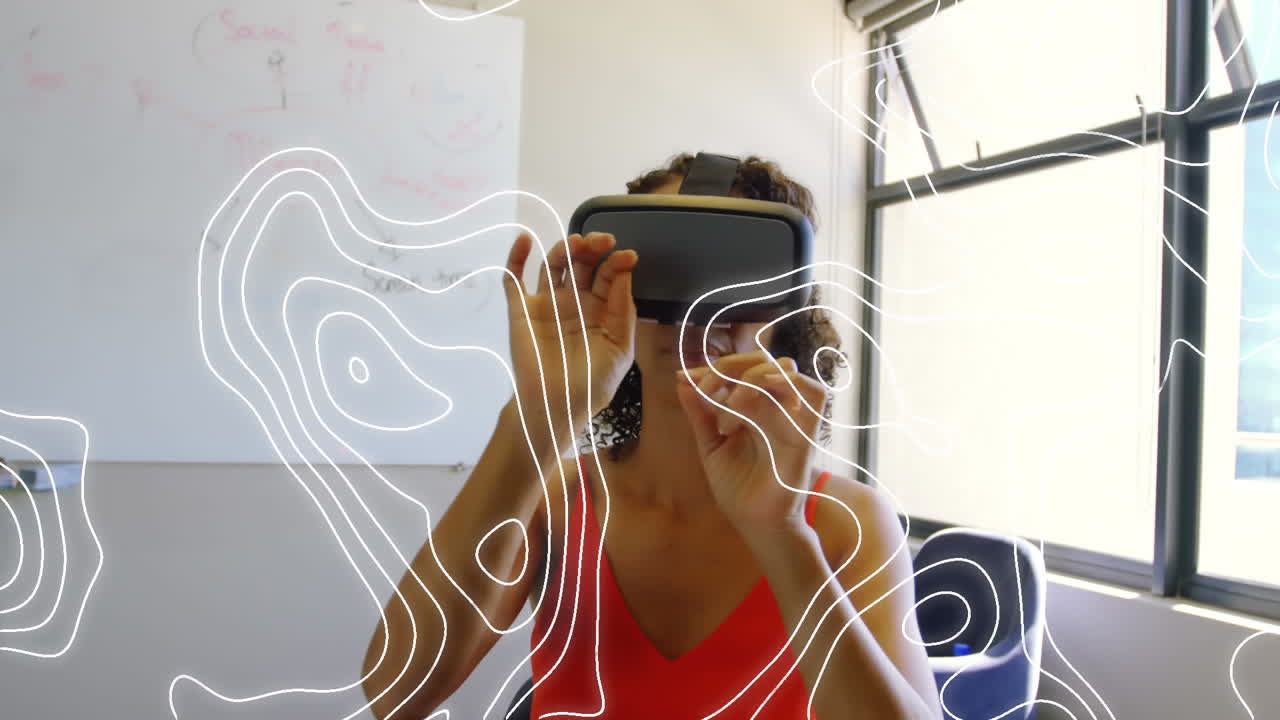 Animation of white lines over biracial woman wearing vr headset