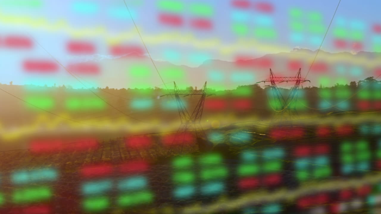 Animation of financial data processing over pylons