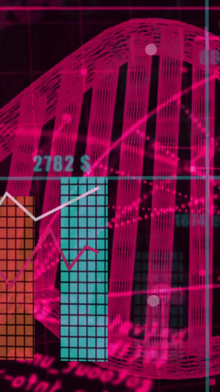 Animation of DNA strand with financial data charts and currency symbols overlay