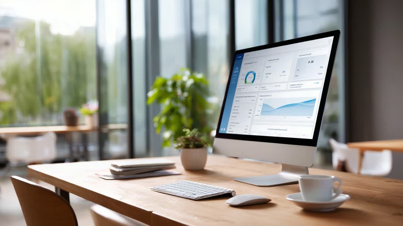 Modern workspace featuring an elegant monitor displaying analytics, a sleek keyboard, and a stylish cup on a wooden desk with greenery and natural light
