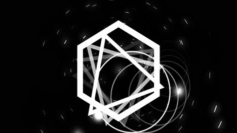 Animation of spinning white rings triangles and hexagons on black background