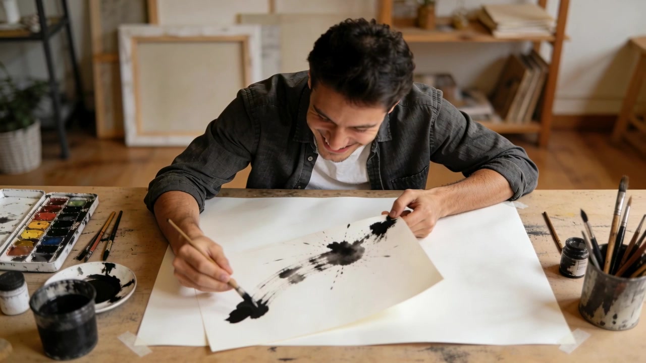 Smiling at camera, painter in dark shirt pulling brush making abstract black ink marks in studio