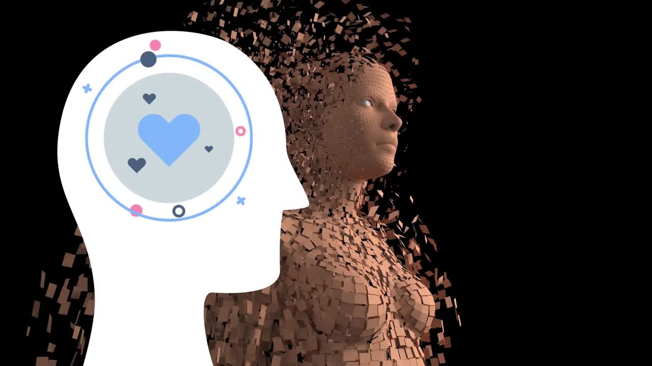 검은 바탕에 심장과 디지털 인간을 가진 인간의 머리의 애니메이션