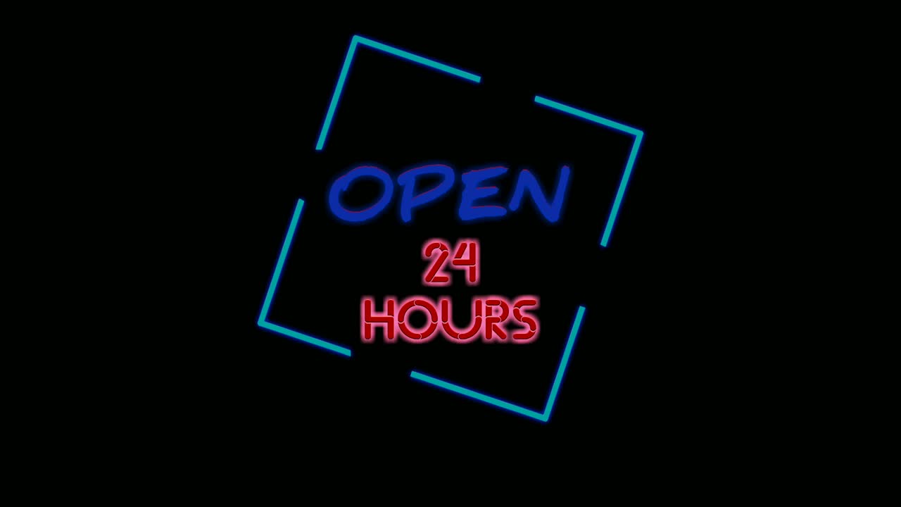 Animation Neon text Open 24 hours on black background. Blue neon sign Open 24 hours  suitable for store or bar and night club,casino.4K video business concept