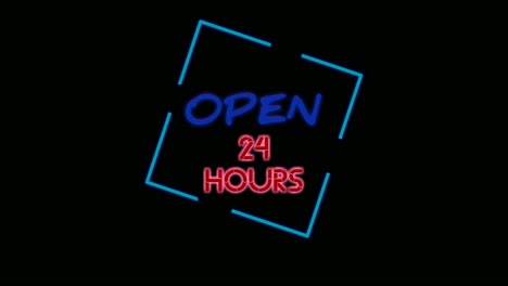 animation neon text open 24 hours on black background. blue neon sign open 24 hours  suitable for store or bar and night club,casino.4k video business concept