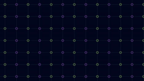Vibrant grid of purple and green circles on black background