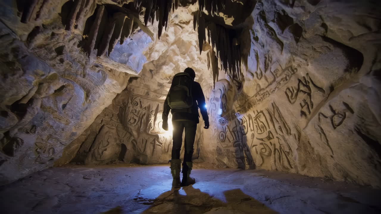 Explorer in a Cave with Carvings