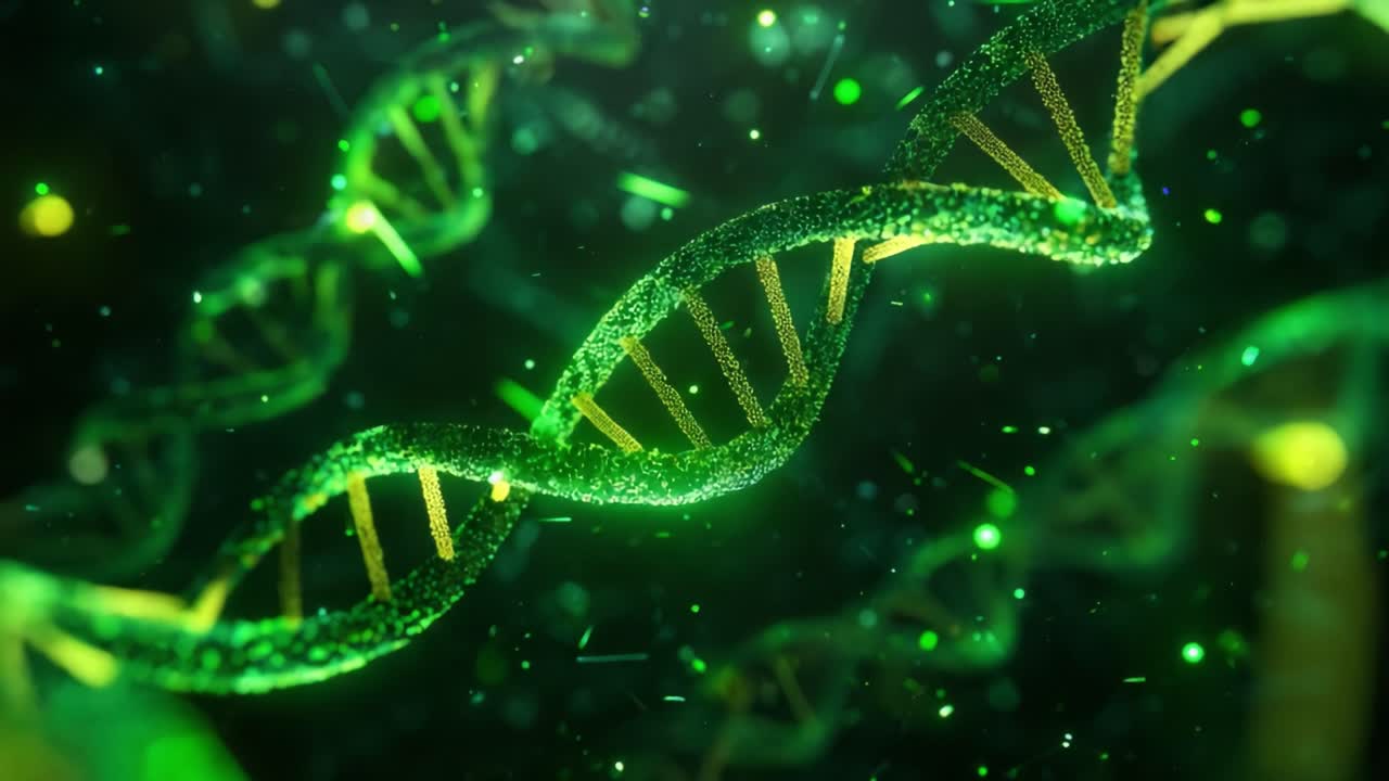 Fluorescent green dna double helix structure slowly rotating in a dark microscopic environment. Genetic code. Futuristic biotechnology. And molecular research for medical science and human evolution