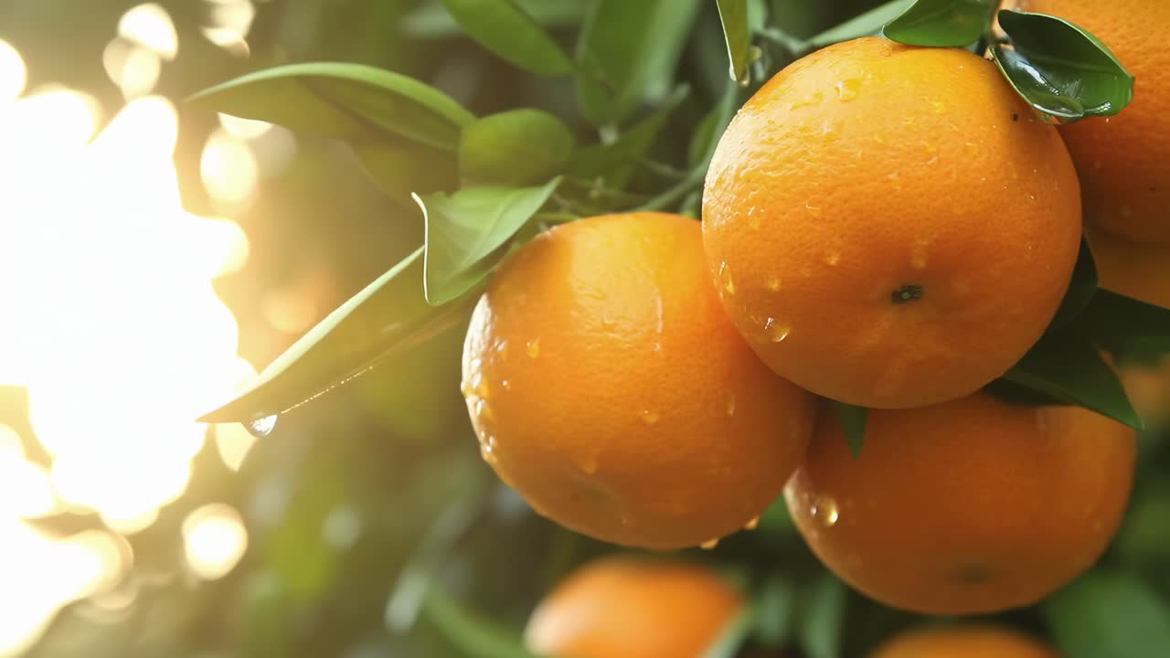 Video ravvicinato di arance fresche su un albero, con la luce del sole che filtra attraverso le foglie, angolazione laterale