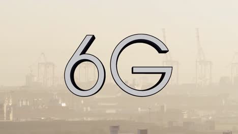 animación de texto de 6g sobre vista aérea de grúas de silueta y paisaje urbano bajo el cielo
