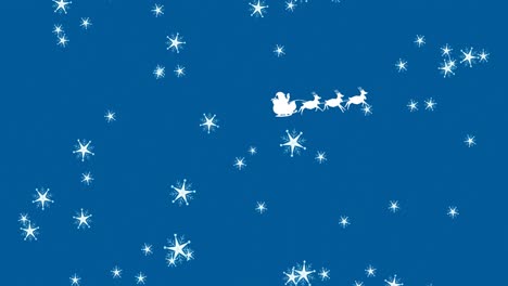 Animation-of-falling-snow-over-santa-claus-in-sleigh-with-reindeer