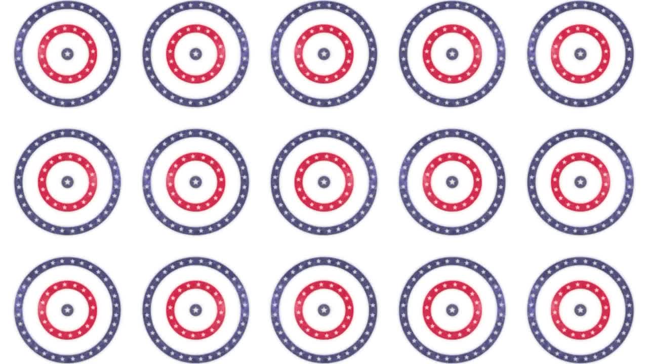 animación de filas de círculos girando con estrellas y rayas de la bandera estadounidense sobre fondo blanco