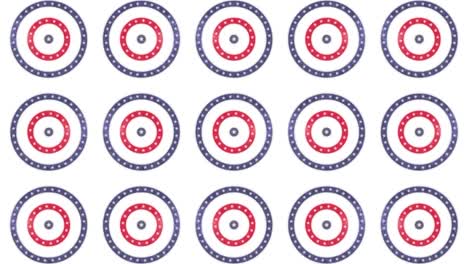 animation of rows of circles spinning with american flag stars and stripes over white background