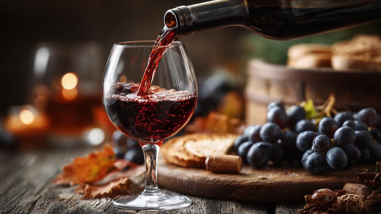 A Serene Moment of Wine Pouring into a Glass Surrounded by Grapes and Snacks, Evoking the Essence of Cozy Gatherings and Culinary Indulgence