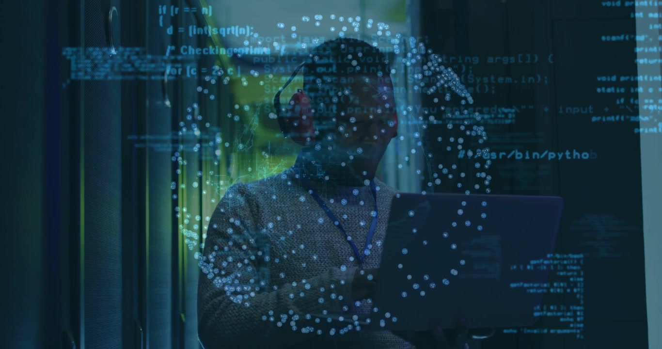 Tech typing laptop in data center starting code overlay rotating sphere over laptop checking racks