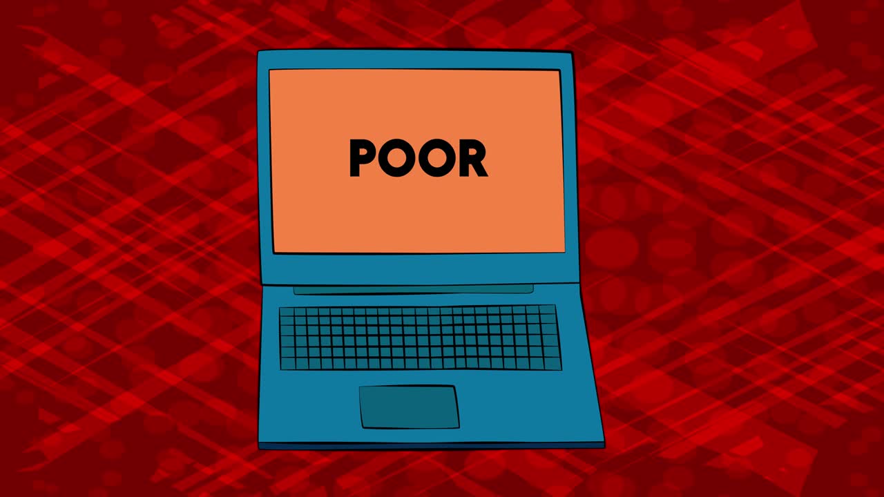 Laptop with the word Poor on the screen. 4k Comic Book style animation.