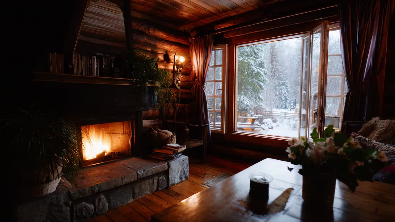 Cozy Winter Cabin Retreat with a Warm Fireplace and Scenic Snowy Outdoors View, Perfect for Relaxation and Embracing the Tranquility of Nature During the Cold Season