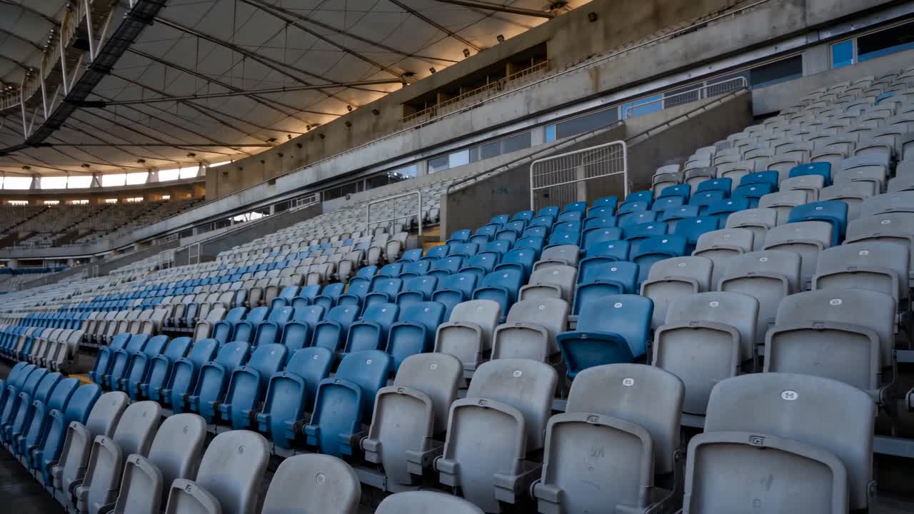 Cámara panorámica a través de los asientos de plástico vacíos en un estadio para documentar la sillería y las barandillas.