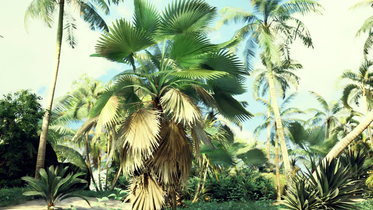 Lush tropical landscape showcasing diverse palm trees and foliage