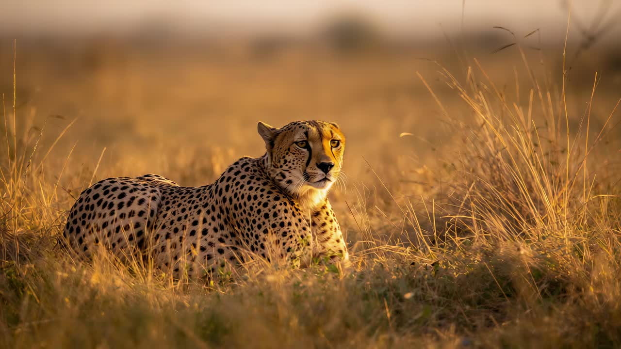 Adult cheetah scanning for prey, slowly turning head in savanna plain, with tall dry savanna grass