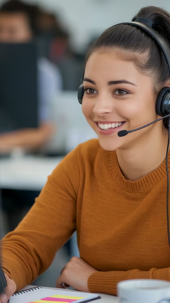 Vertical video: Receiving call, call center agent jotting notes for customer at desk, with headset