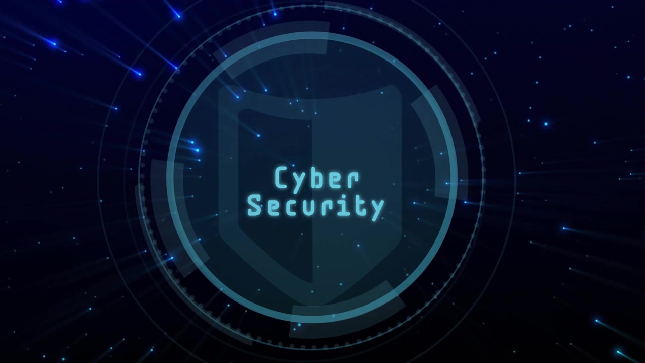 Shield fading in, rings pulsing, globe forming, beam sweeping, visualizing Cyber Security flow