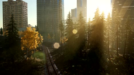 horizonte de la ciudad con rascacielos urbanos al atardecer