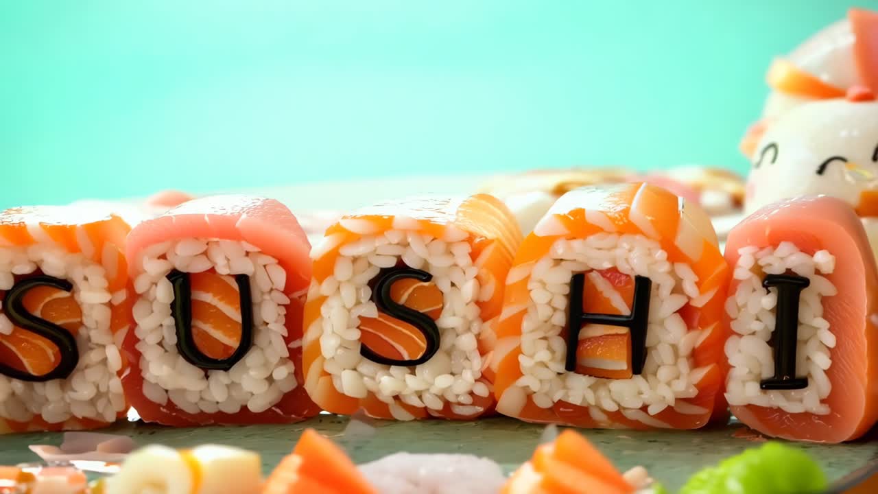 un primer plano de los rollos de sushi con la palabra sushi escrito en sushi