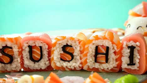 a close up of sushi rolls with the word sushi spelled out in sushi