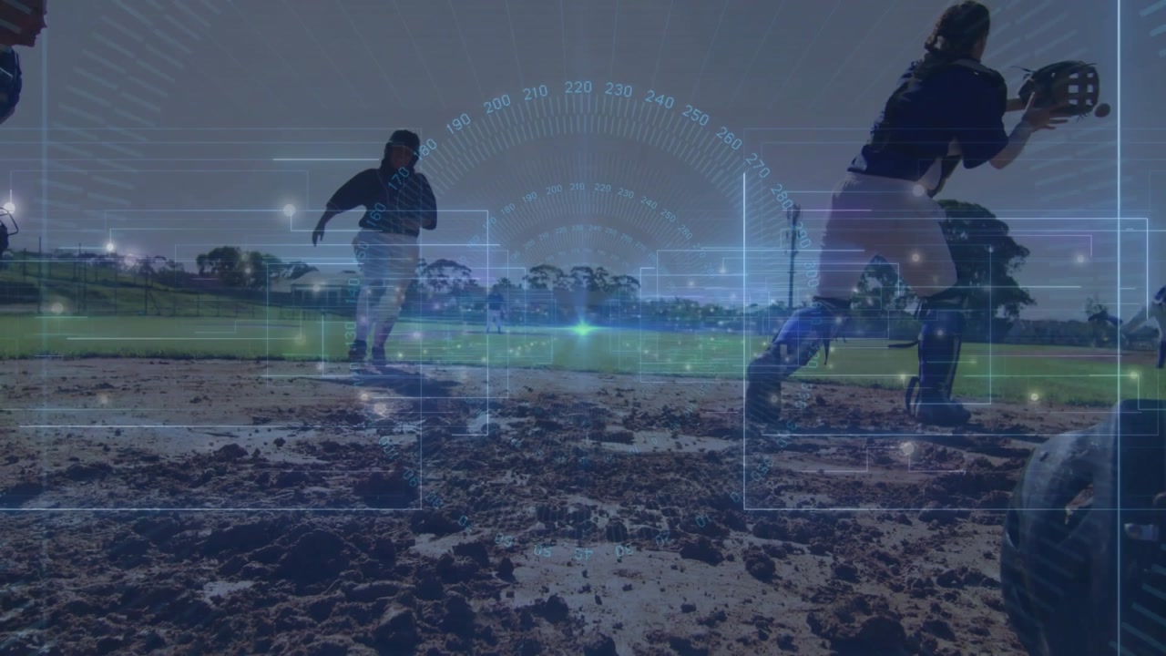 Baseball fielder throwing catcher rising tagging home plate as runner racing to score HUD tracking