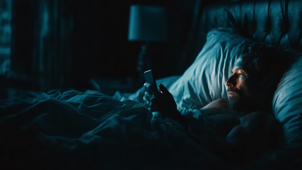 Un uomo giace in una camera da letto in penombra sotto le coperte, intensamente concentrato sul suo smartphone, catturando momenti di solitudine durante le ore notturne in un'atmosfera tranquilla.