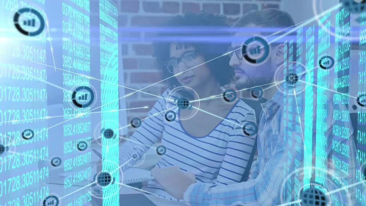 animación de la red de conexiones con iconos y procesamiento de datos sobre diversas personas de negocios