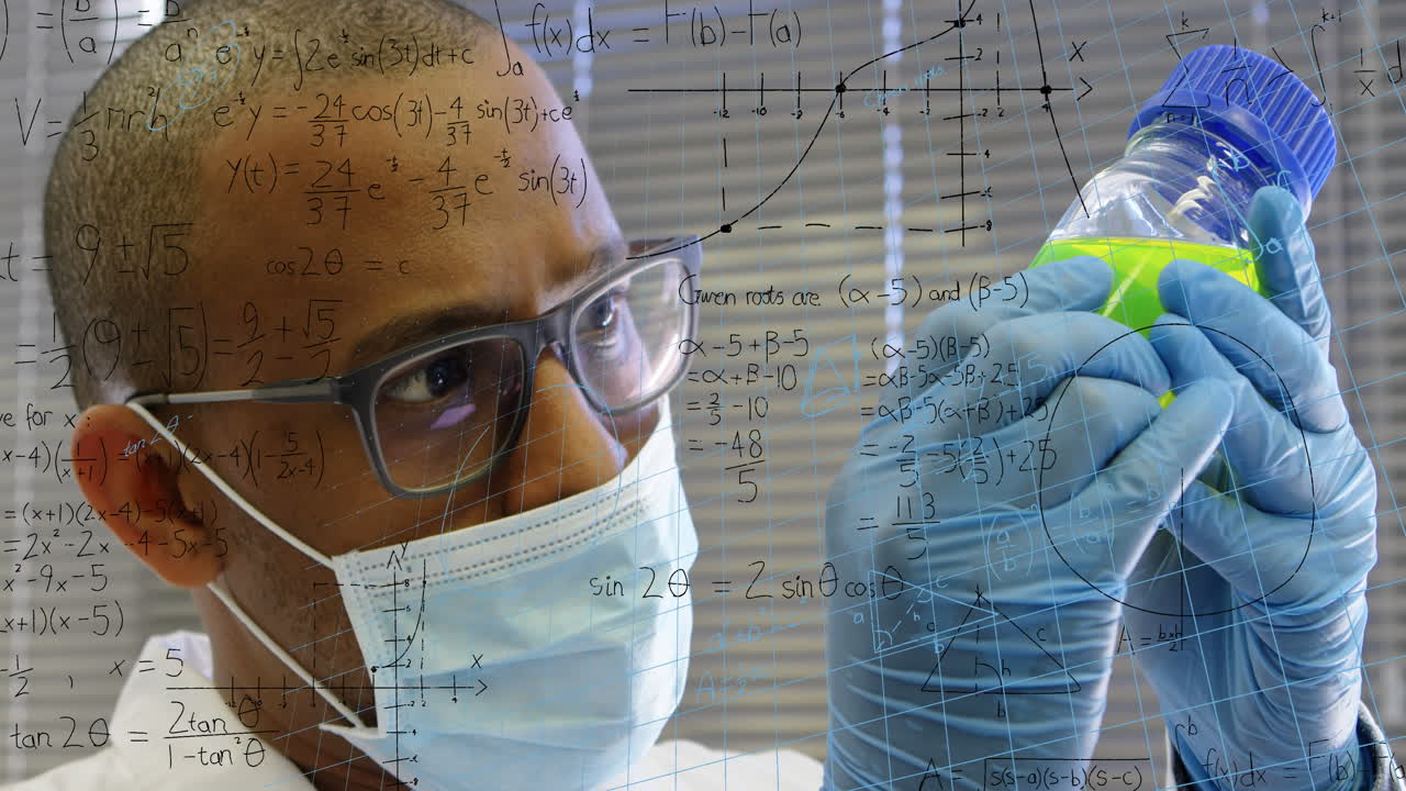 Animation of biracial scientist in face mask and data processing