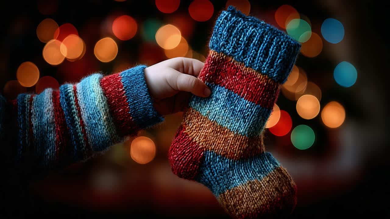 Handheld Colorful Knitted Christmas Stocking Against a Warm, Glowing Background of Festive Lights and Christmas Cheer