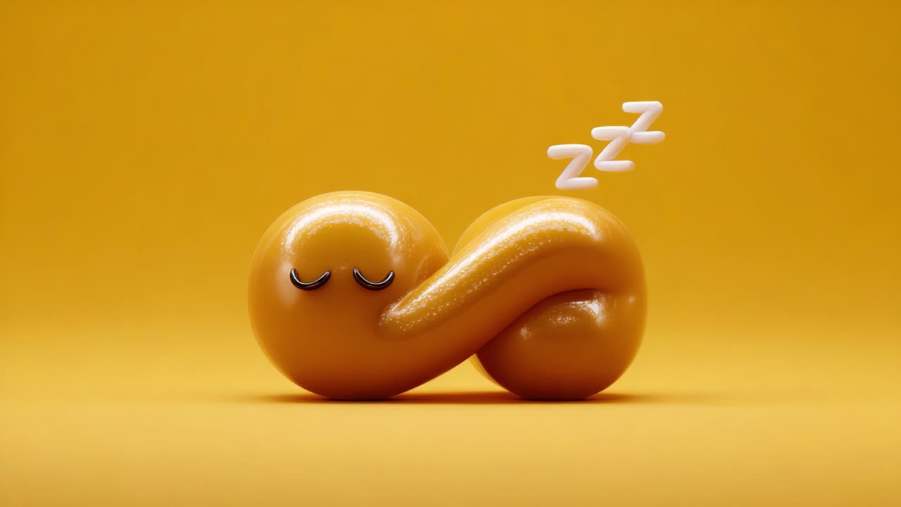 A Whimsical Animated Character Peacefully Sleeping with Curling Shapes against a Vivid Yellow Background, Emphasizing Relaxation and Playful Design Elements in a Creative Artwork