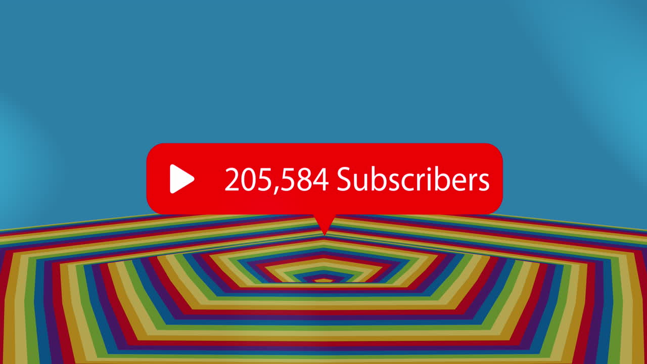 animación de la notificación de aumento de suscriptores sobre el podio del arco iris y el fondo azul