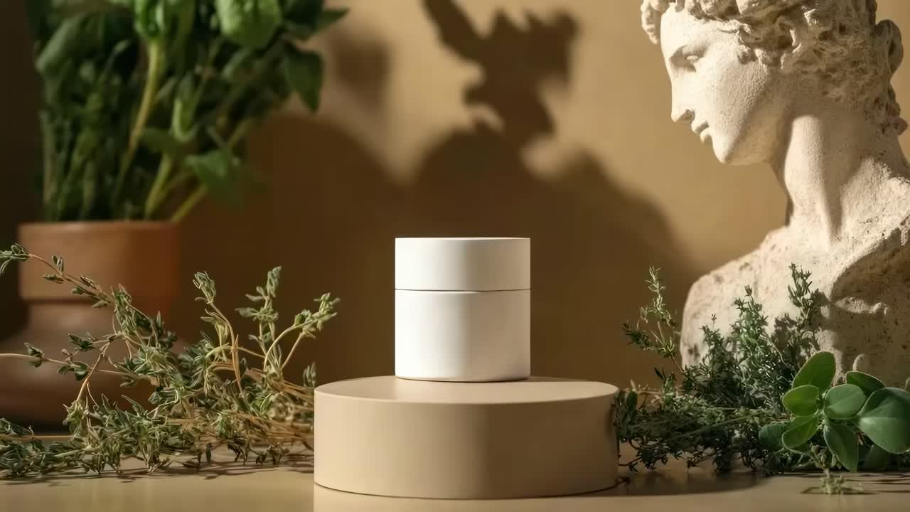 Aesthetic video still of a white jar on a beige pedestal, surrounded by greenery and a statue