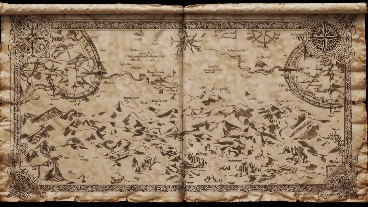 Vintage fantasy map with mountains and forests, viewed from a top-down angle, resembling a video