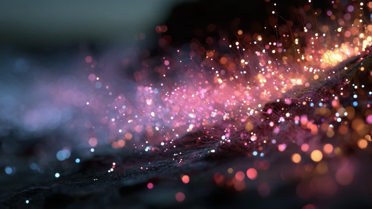 Abstract background showing a flow of glowing pink, blue, and orange particles interconnected by a delicate web, creating a magical stream of light with a beautiful shallow depth of field