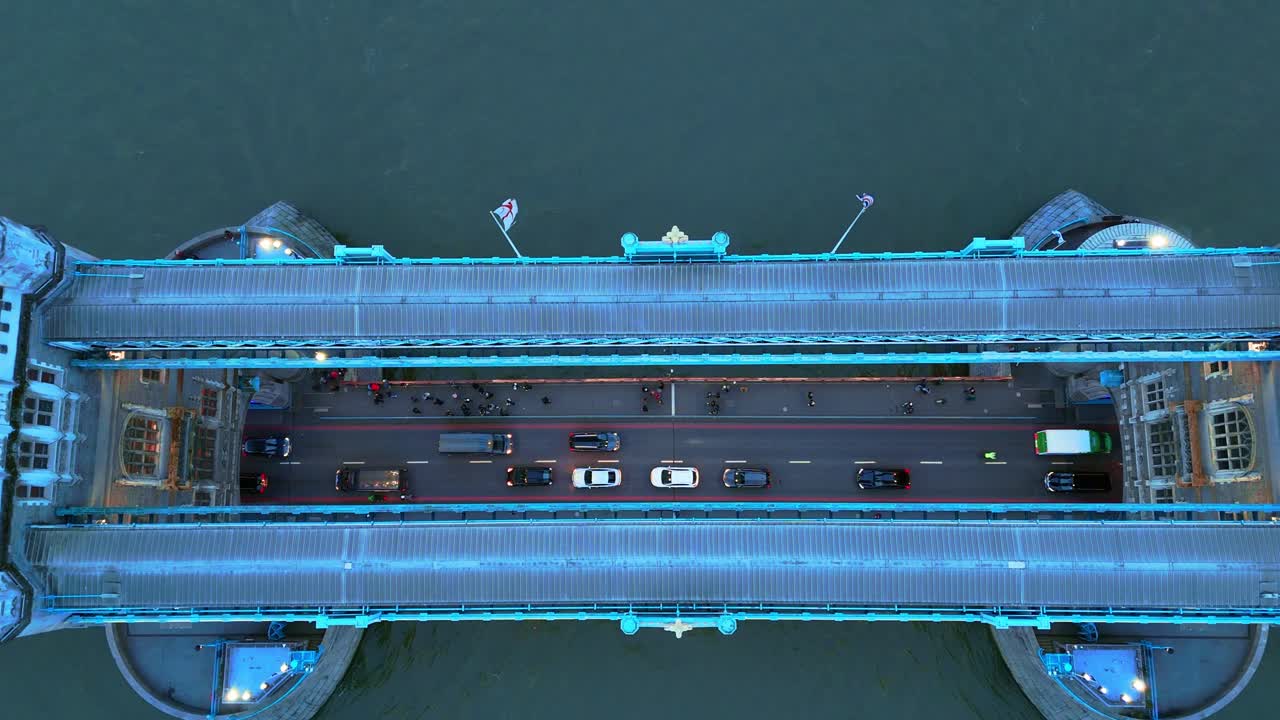 Top down aerial dolly view, Tower Bridge nighttime scenery