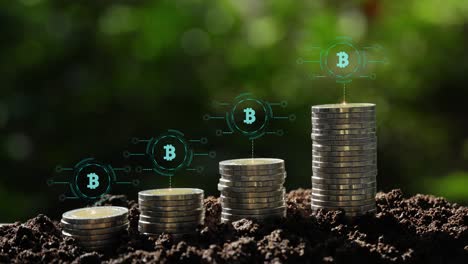 bitcoin en la pila de monedas aumenta el concepto de crecimiento del negocio.