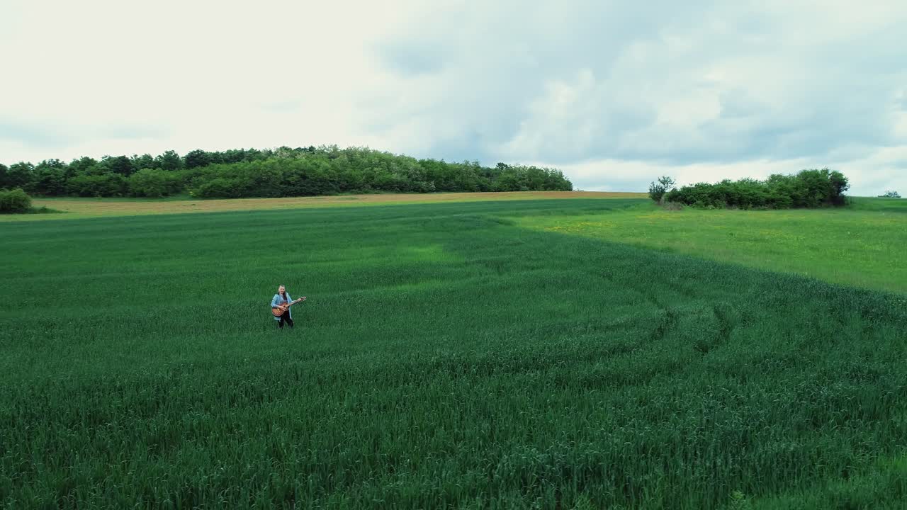푸른 귀리밭에서 기타를 치는 소녀