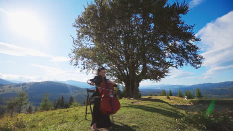 cellist playing cello in mountain landscape