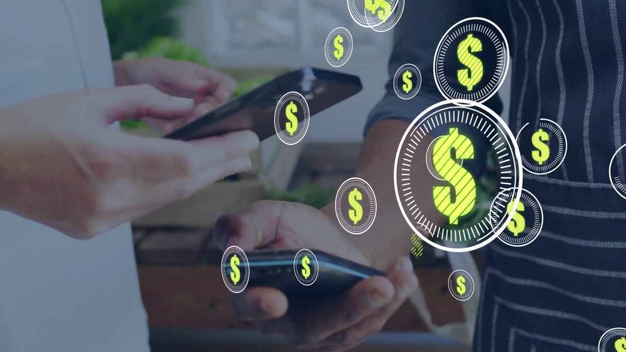 Venditore che tiene il telefono mentre l'acquirente tocca per pagare al dettaglio, con simboli del dollaro che si moltiplicano e si sovrappongono.